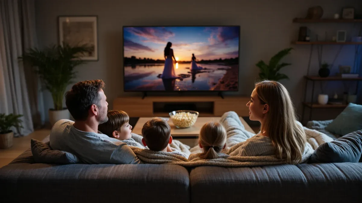Family cuddled on couch watching movie, seen from behind
