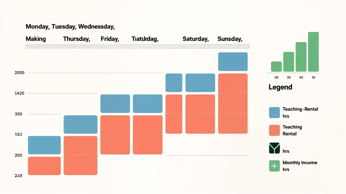Weekly calendar chart splitting studio hours between making and teaching