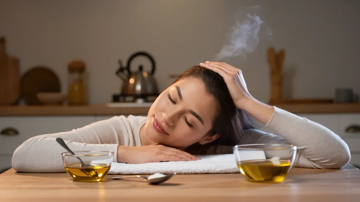 Young woman massaging warm oil into her scalp at a kitchen table on a Sunday evening