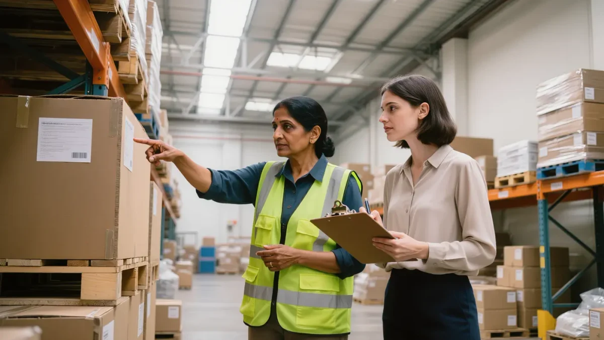 Two women reviewing shipment crates in a small manufacturing warehouse