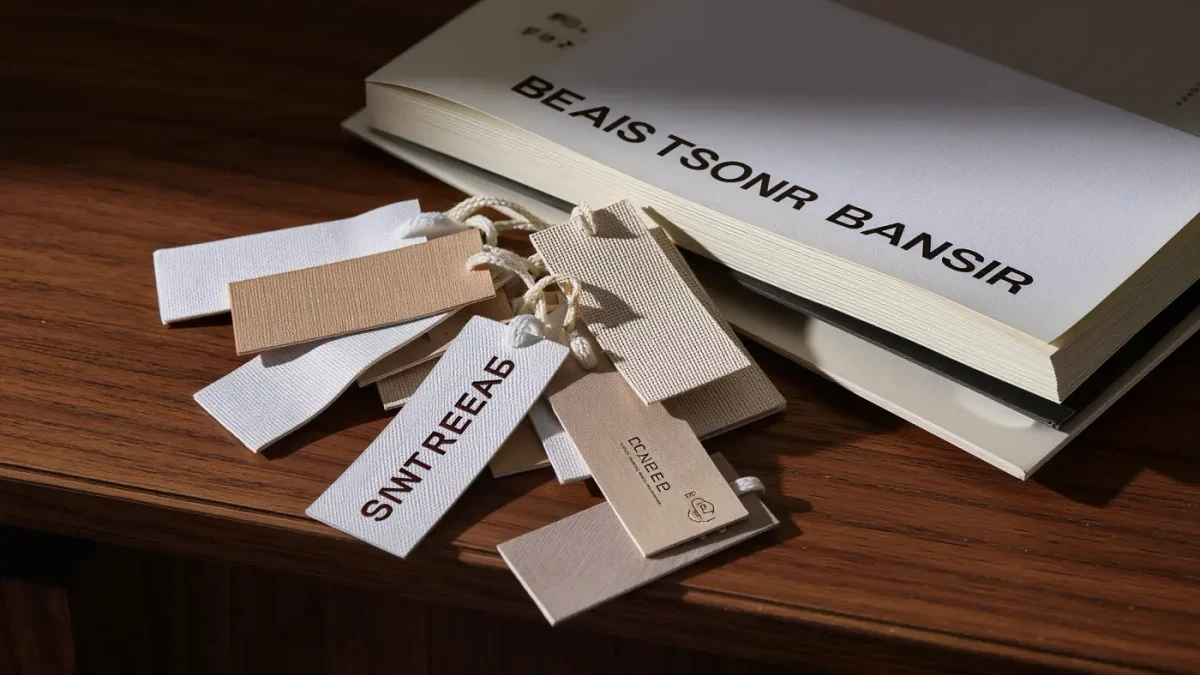 Stacked corporate documents with clothing labels on a dark desk