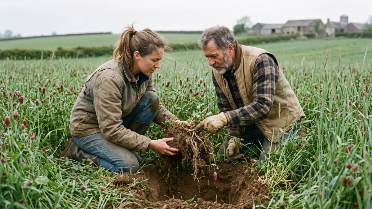 Agronomist and farmer inspecting cover crop roots in field pit