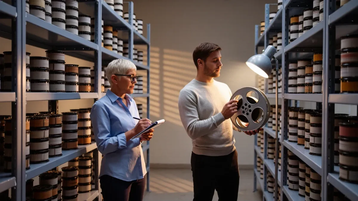 Archivists cataloging film reels in a studio vault