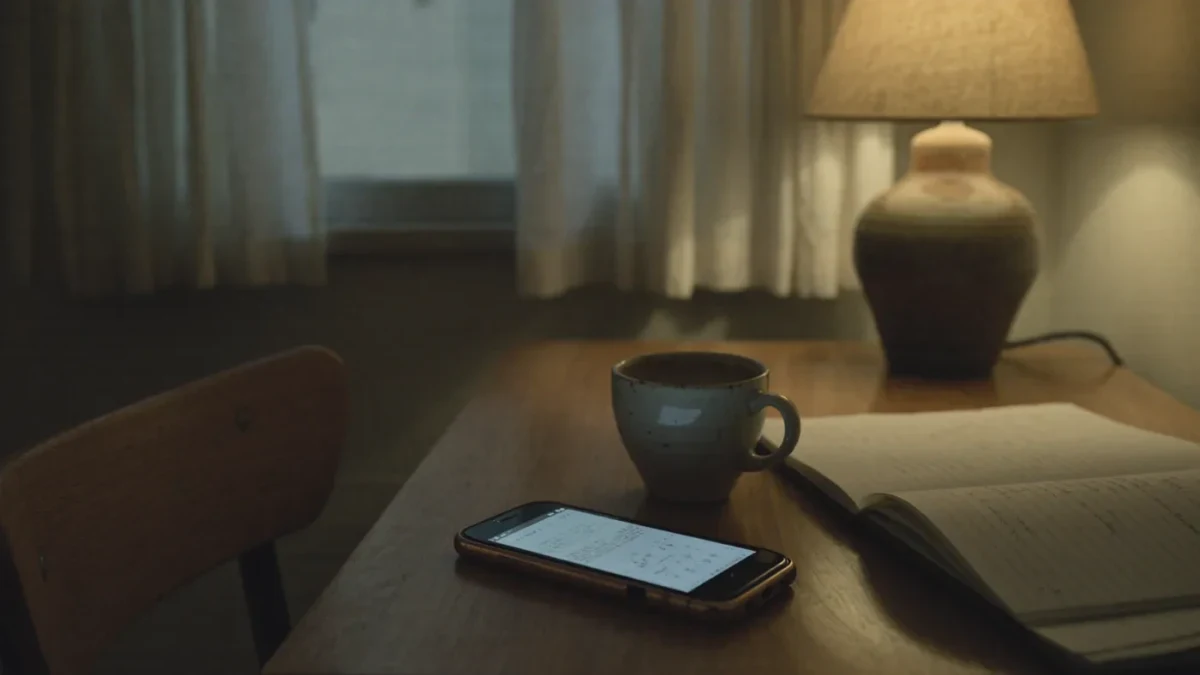 Empty home desk at dusk with an unanswered phone glowing