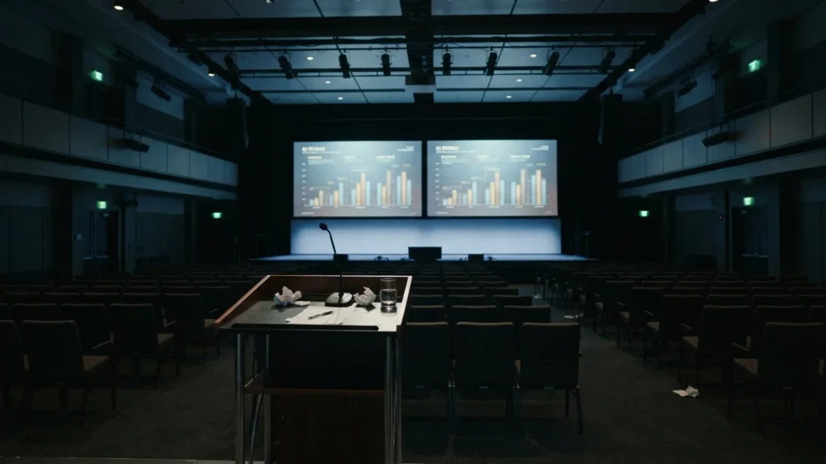 Empty corporate presentation hall with dual projector screens