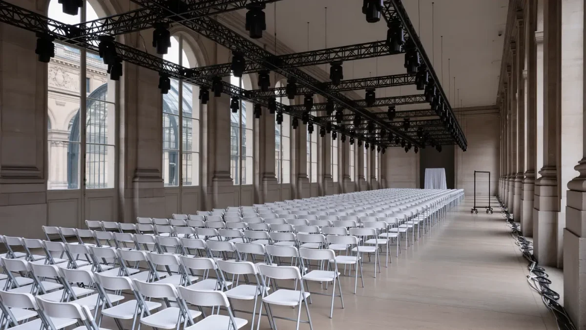 Empty white runway seating and scaffolding under a Parisian glass-and-stone monument before a fashion show