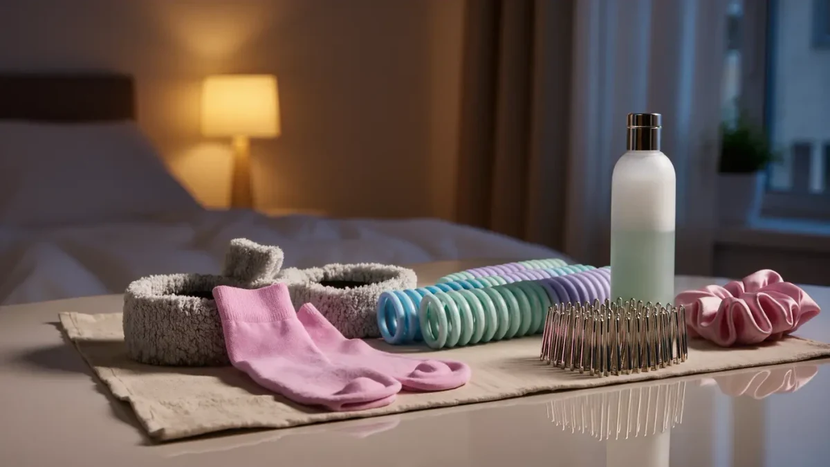 Bedroom vanity laid out with socks, robe tie, flexi rods, and pin-curl clips at dusk
