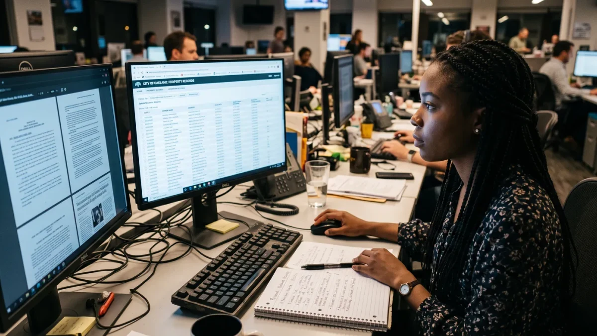 Journalist reviewing a public police records database on library monitors