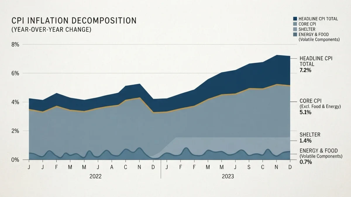 Infographic decomposing inflation into headline core and shelter