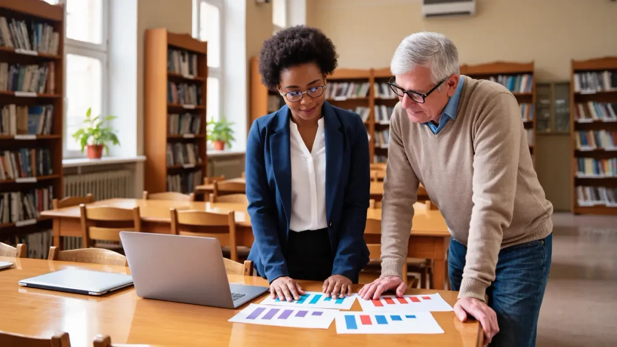 Adult educators reviewing score charts at a school data meeting