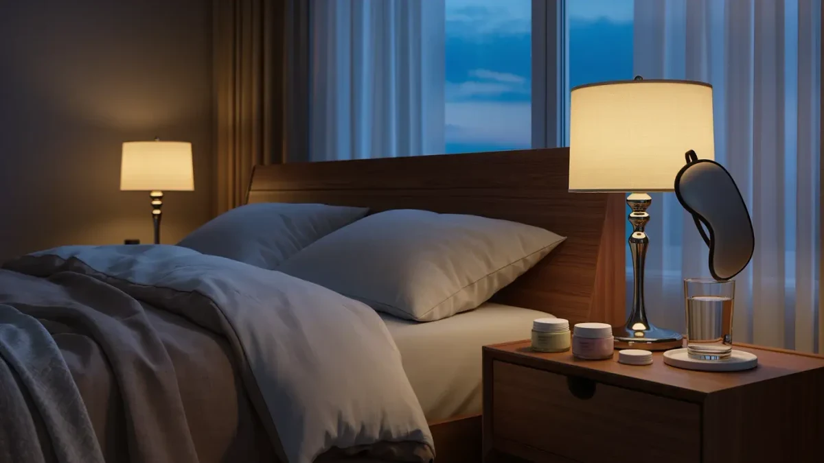 Quiet bedroom at dusk with a turned-down linen bed and a nightstand of skincare bottles