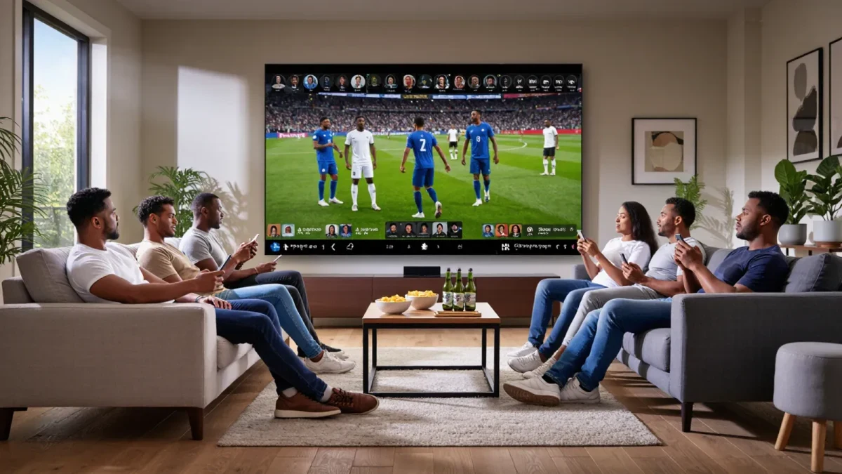 Fans watching football on smartphones in a bright living room
