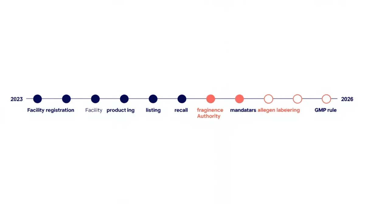 infographic timeline of cosmetics regulation milestones from 2023 to 2026