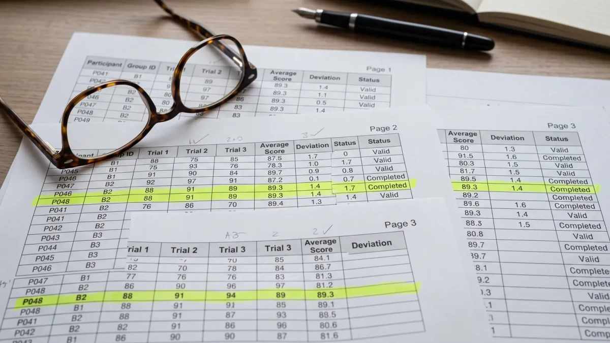 Close-up of printed index score sheets with highlighted indicator rows