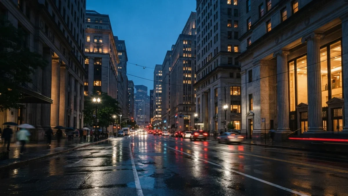 Bank building facades along a city street at dusk
