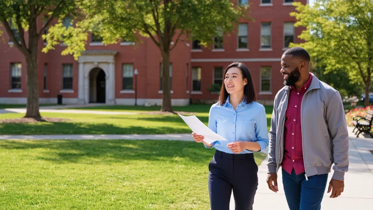 Adult tour guide and parent walking a college quad