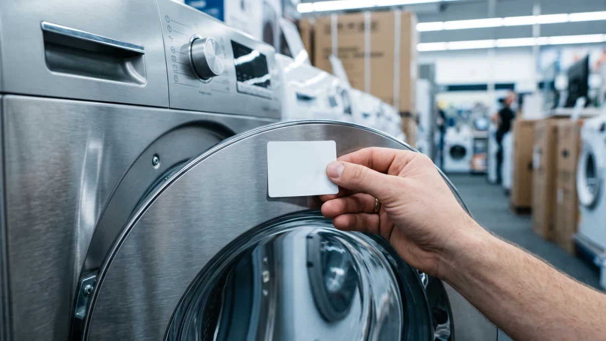 Price sticker being applied to an appliance in a store aisle