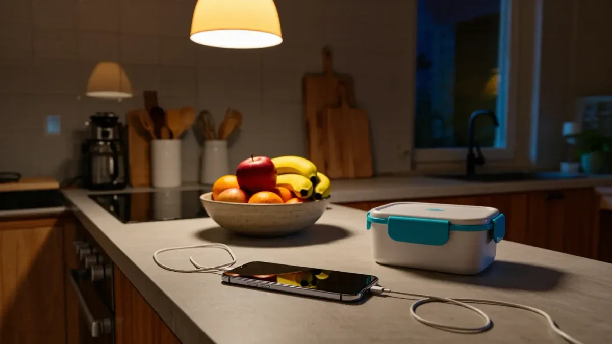 Smartphone charging on a kitchen counter at night