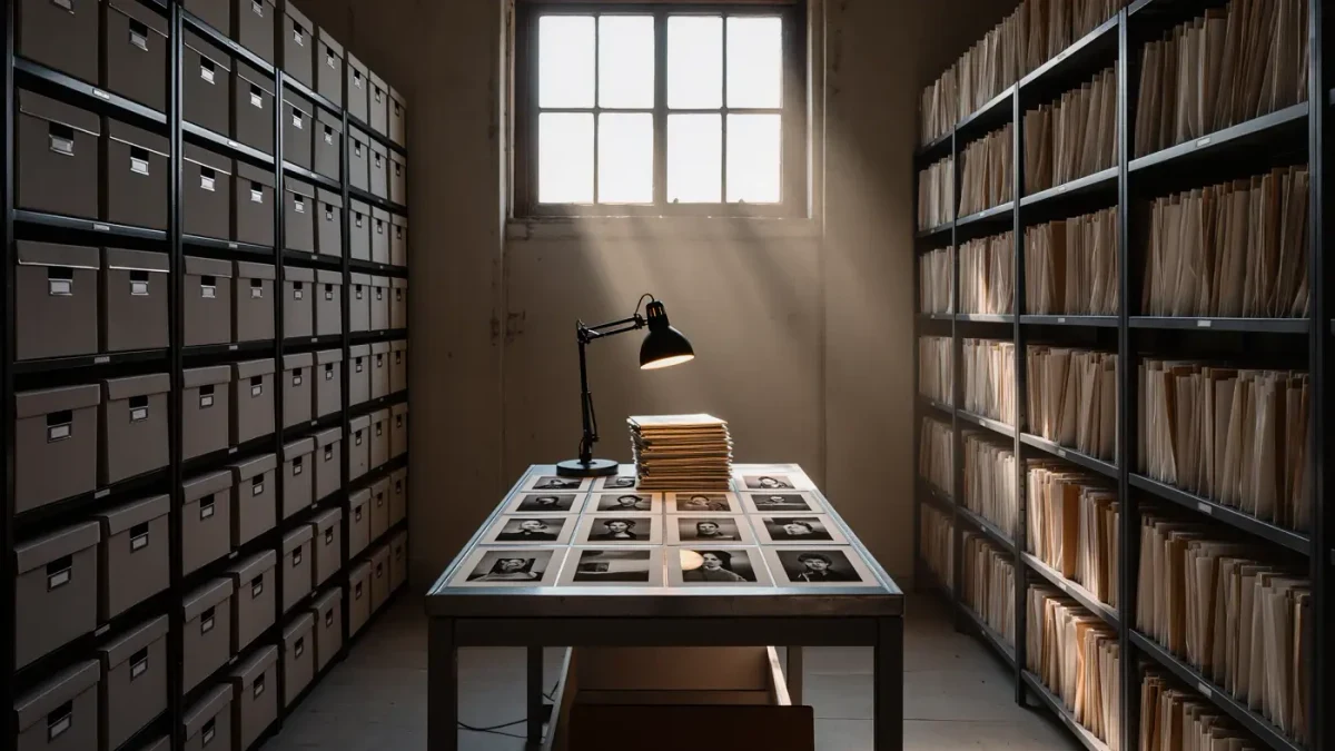 Archival boxes and photograph files in a foundation archive room
