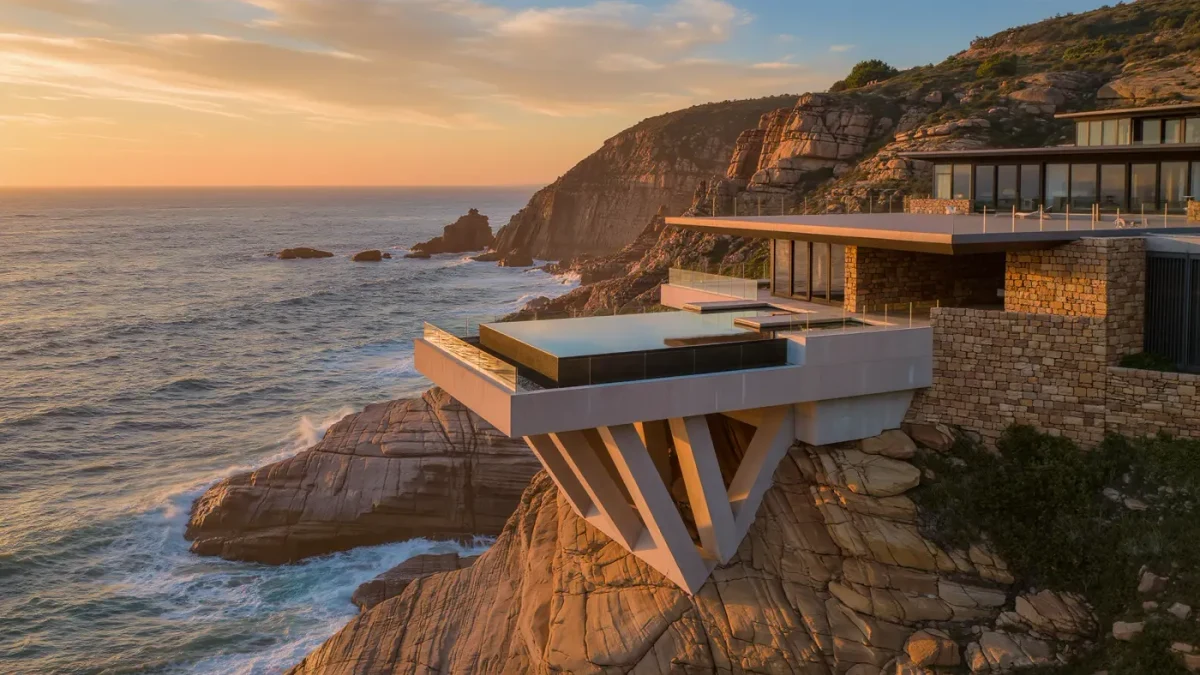 Cantilevered resort terrace and infinity pool over ocean cliff