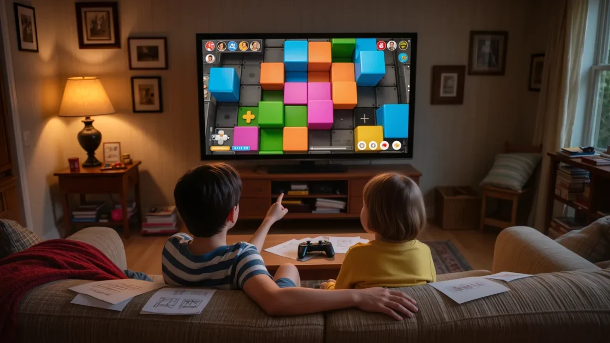 Two siblings viewed from behind playing a puzzle game together in evening light