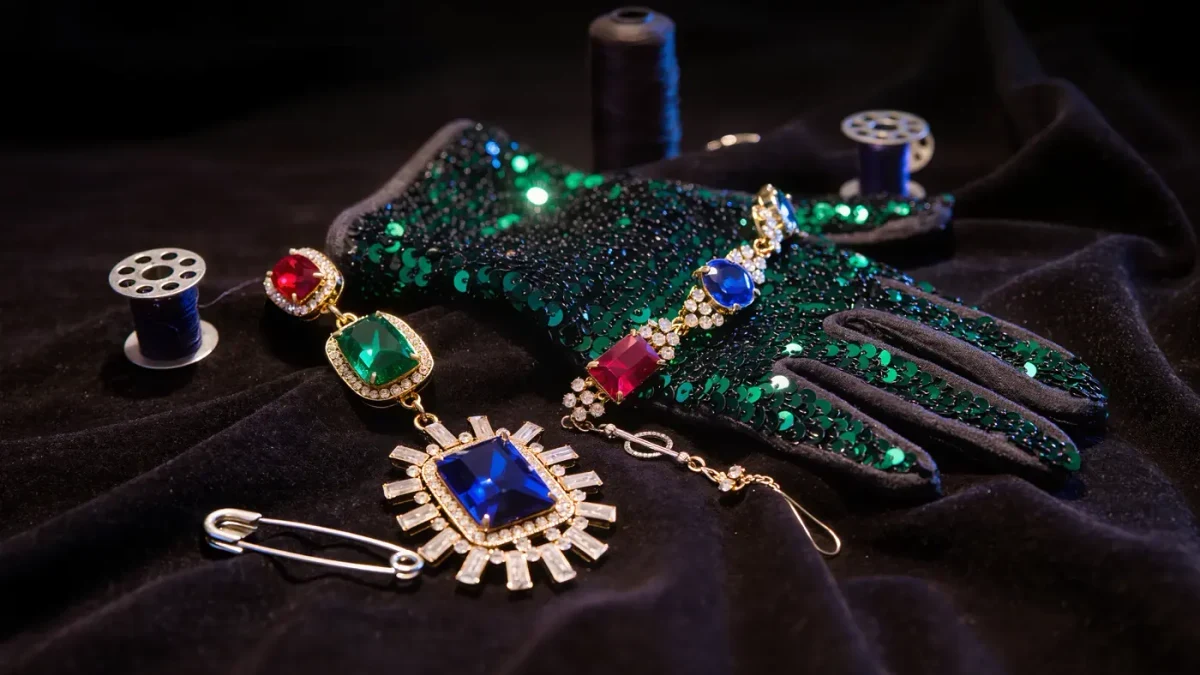 Close-up of a sequined glove and costume jewelry on a dressing table