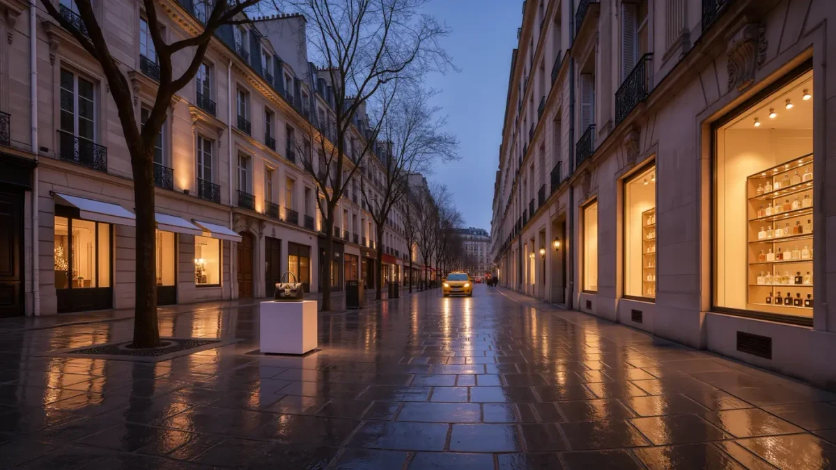 Empty Parisian luxury shopping street at dusk with glowing boutique windows