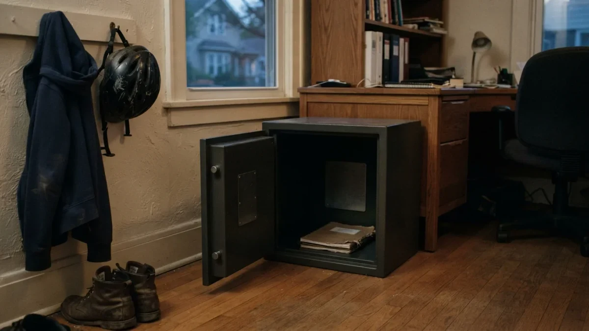 Open home safe holding a blank steel plate, quiet dusk scene