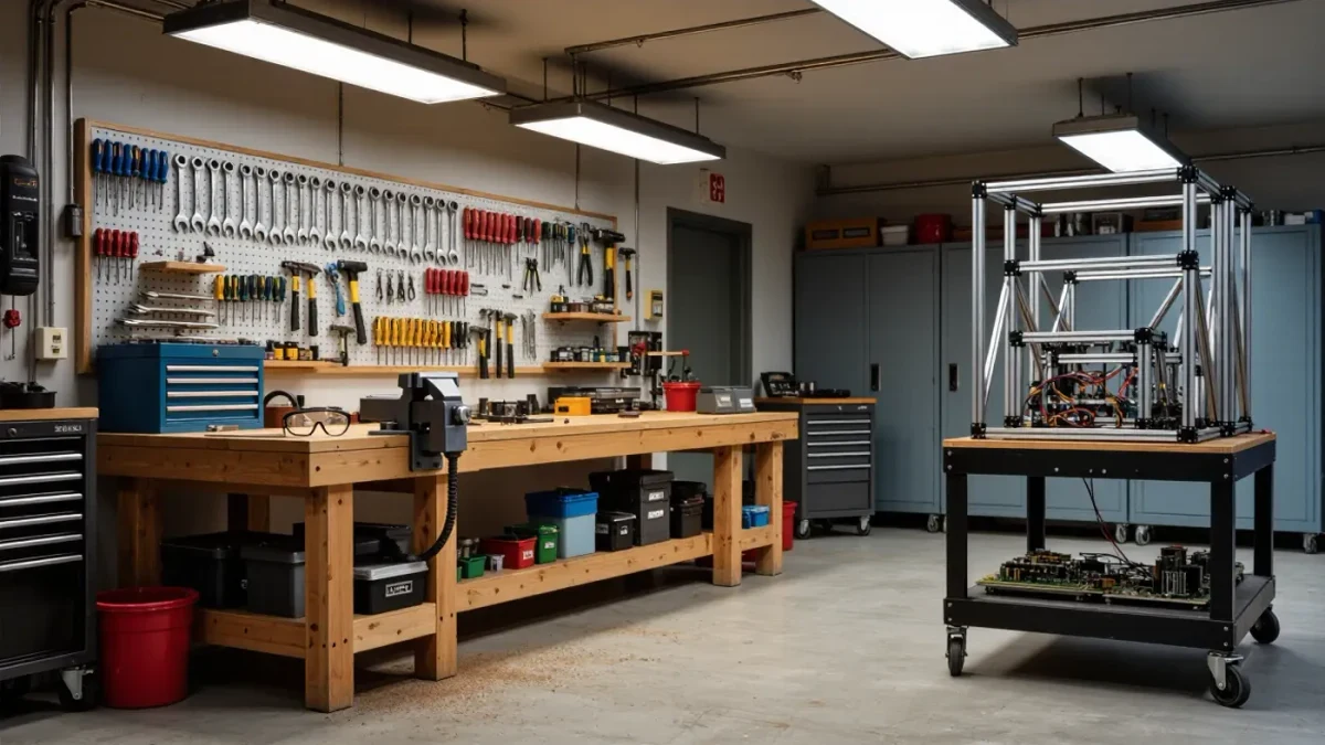 Technical education workshop with tools and workbench