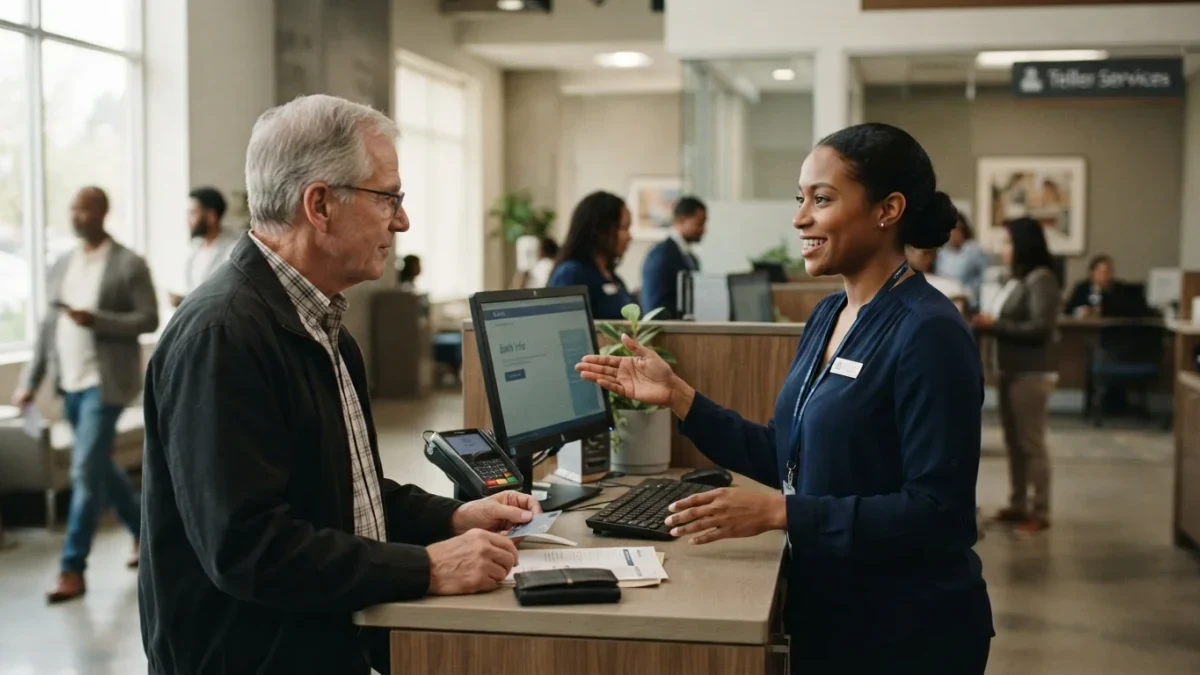 Bank teller assisting a customer at a branch service counter in natural light