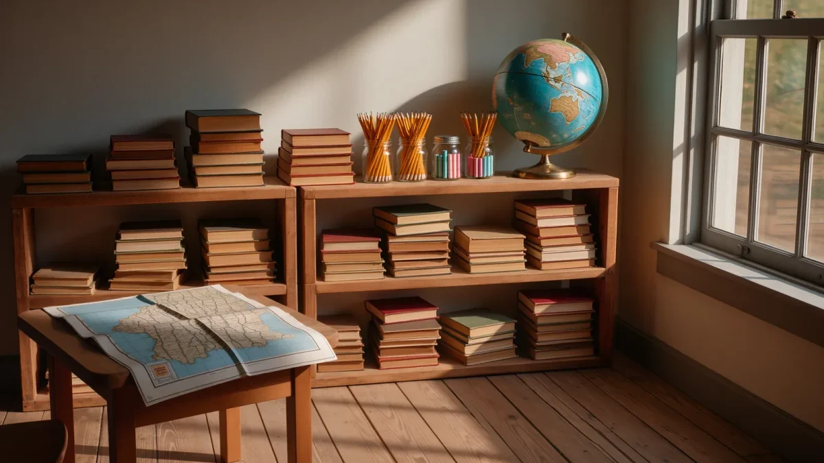 Home classroom shelf with stacked books and state map poster