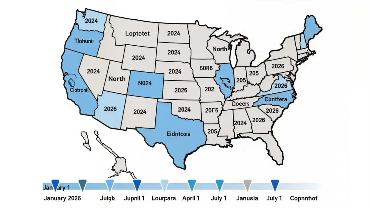 Map chart of states adopting 2024 building codes with 2026 effective dates