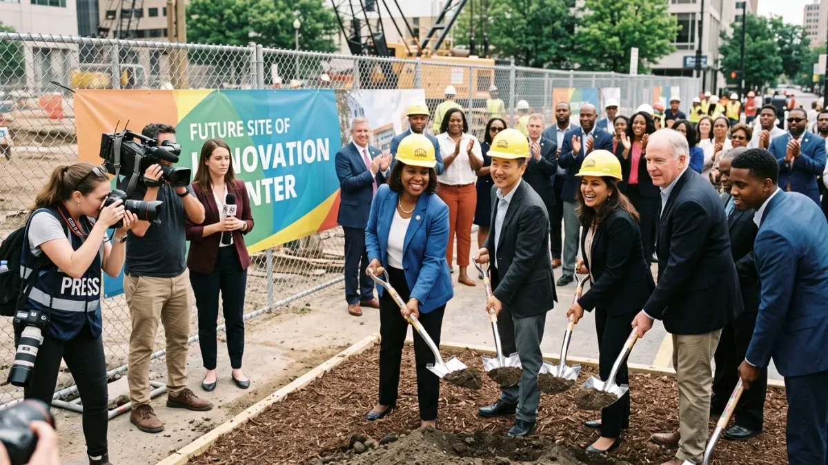 Governor and executives at a factory groundbreaking ceremony