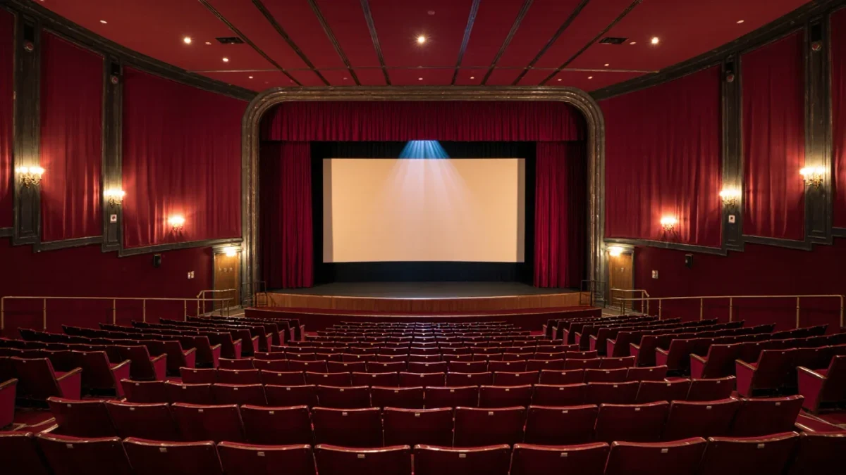 Empty cinema auditorium with a tall near-square blank screen