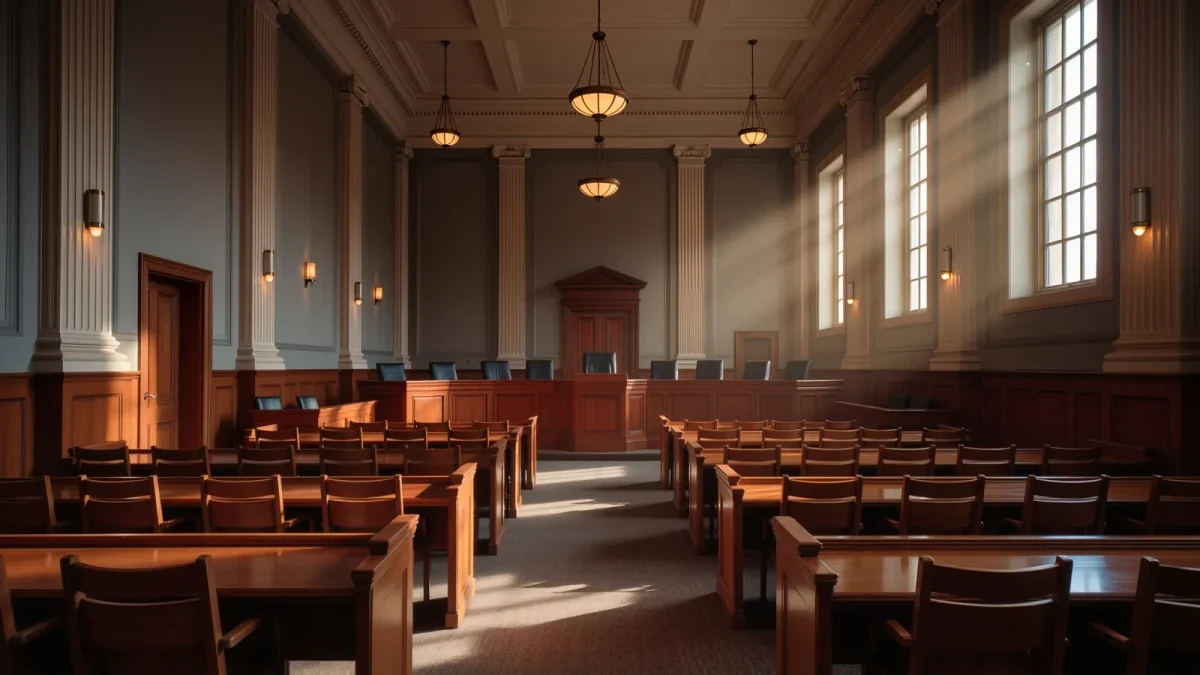 Empty federal courtroom bench in warm afternoon light