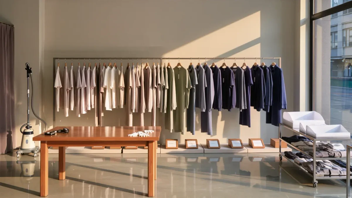 Interior of a quiet resale boutique with dense designer racks, a garment steamer and a wooden authentication table