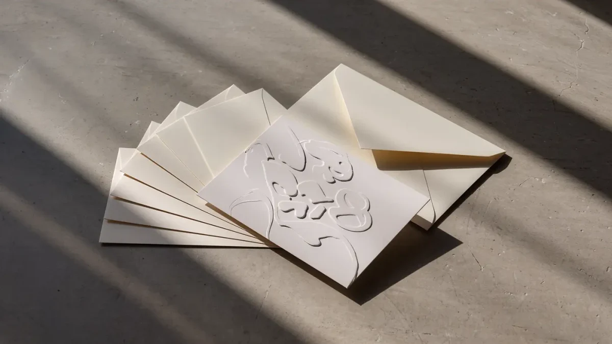 Stacked blank cream invitation cards on a concrete floor