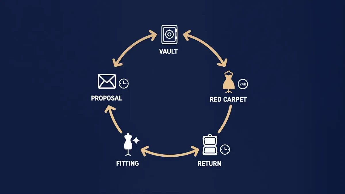 Infographic chart of a jewelry loan journey from vault to carpet and back