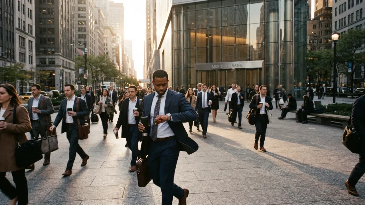Workers entering a bank office tower in morning light