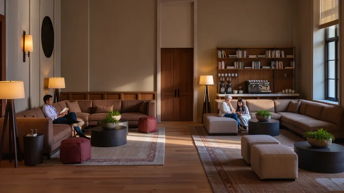 Guests reading and talking in a cozy hotel lobby lounge