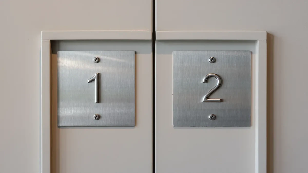 Close-up of a duplex entryway with two separate unit doorbells