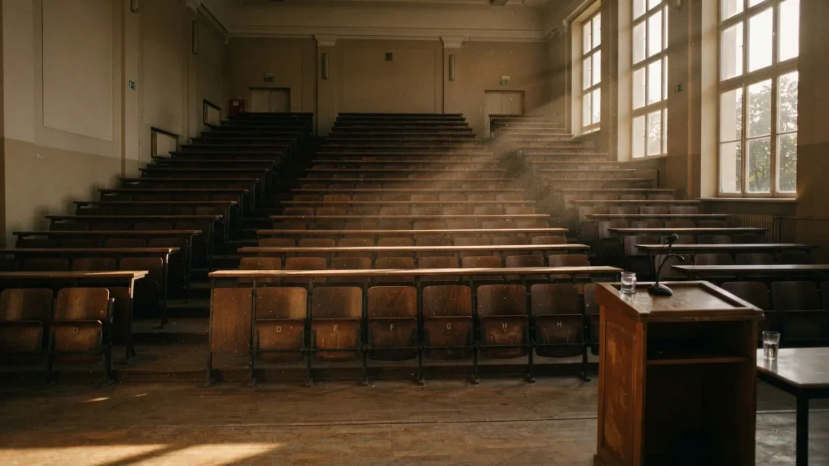 Sunlit empty university lecture hall with tiered wooden seats