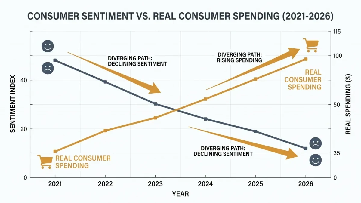 Chart showing declining sentiment lines against rising real spending line
