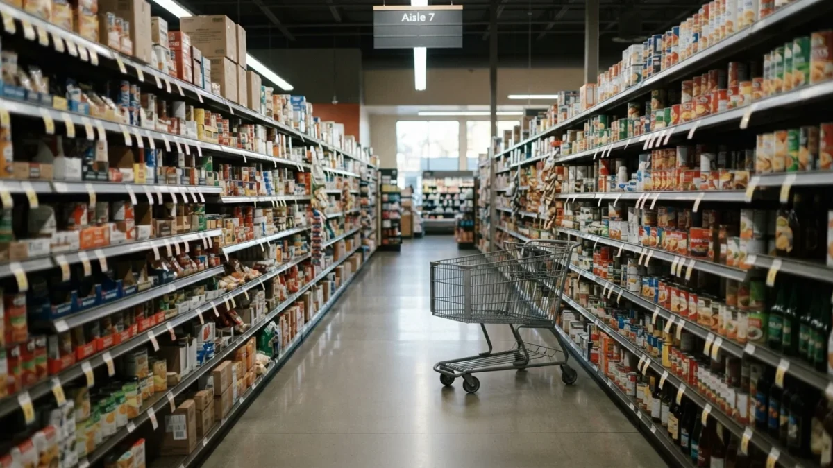 Quiet early-morning supermarket aisle stocked with groceries under fluorescent light