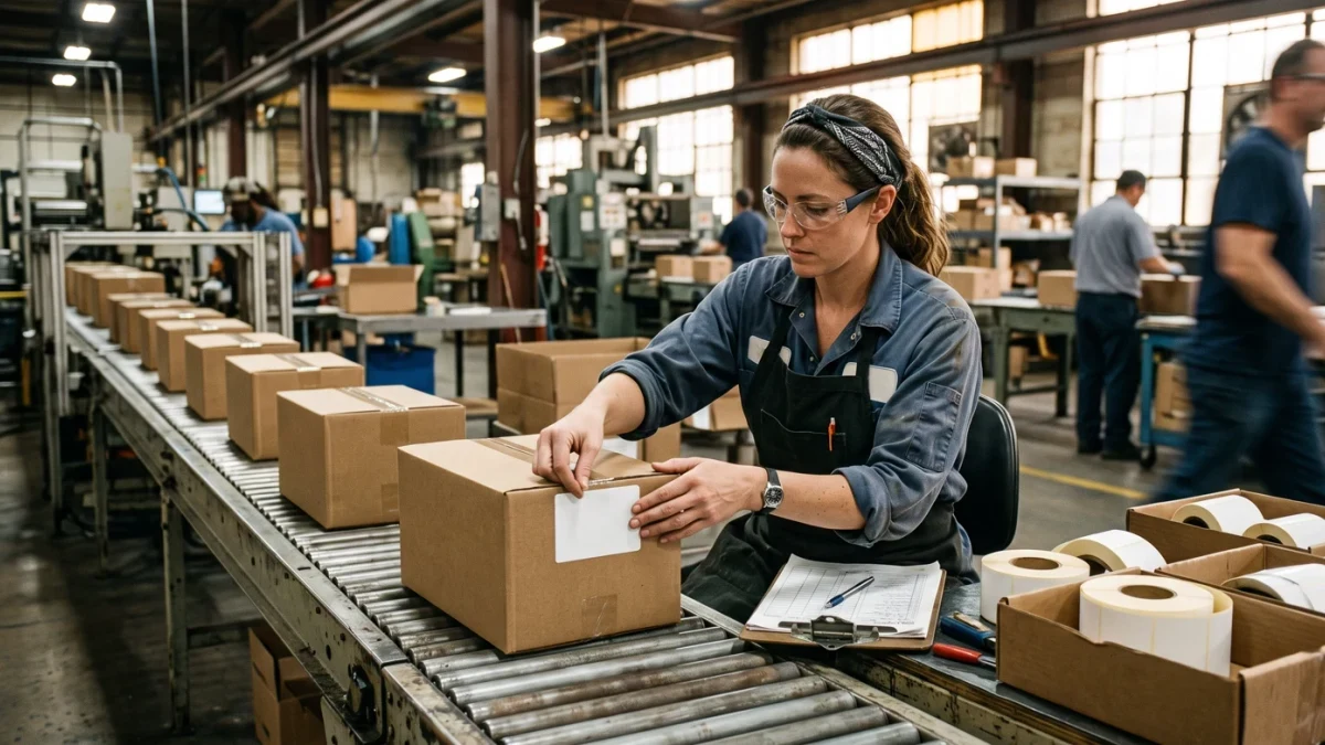 Production line worker applying origin labels