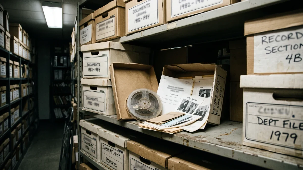 Sealed tape reel and press kit on a records-room shelf