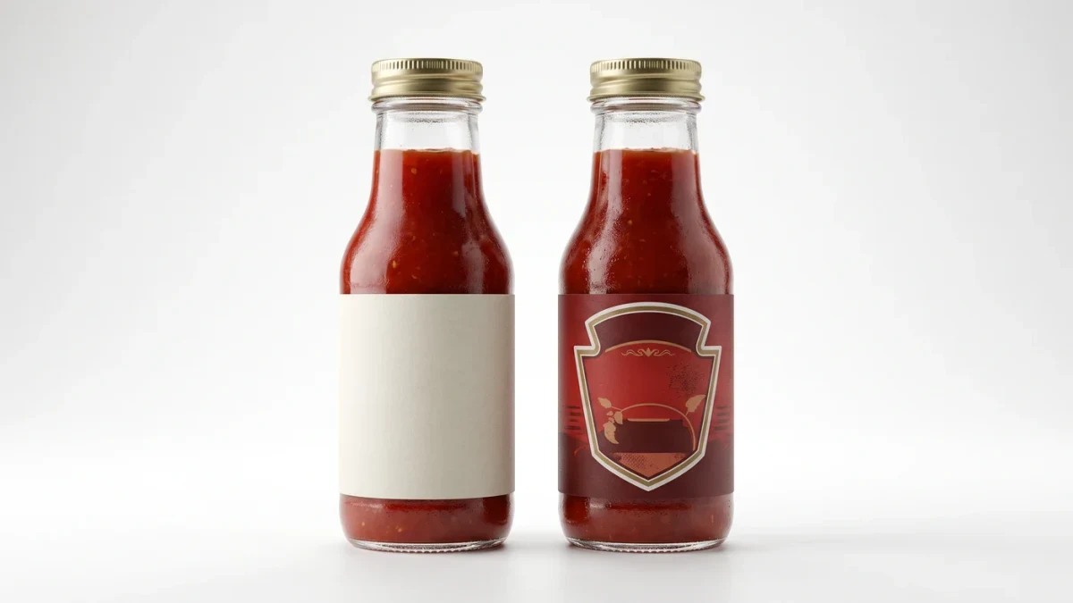 Two unbranded ketchup bottles side by side under studio light