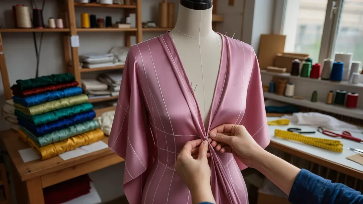 Couture atelier with a rose-pink silk gown pinned on a tailor's mannequin