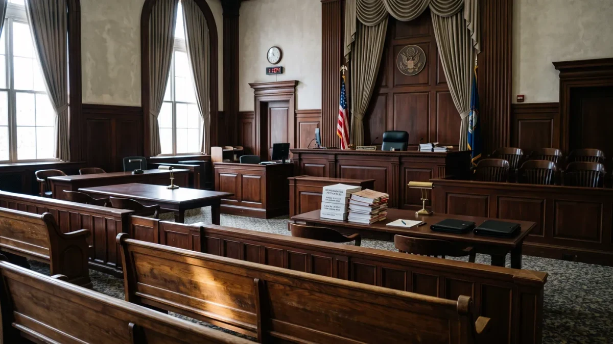 Courtroom bench and reorganization documents in quiet session