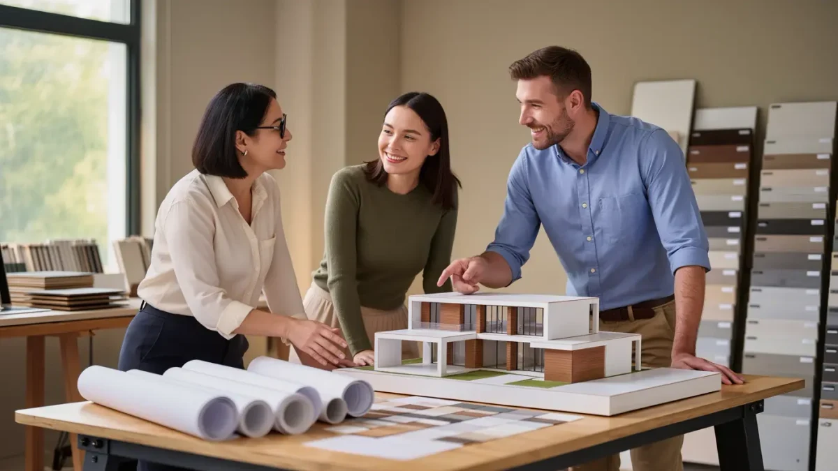 Architect and homeowners reviewing drawings at a studio table